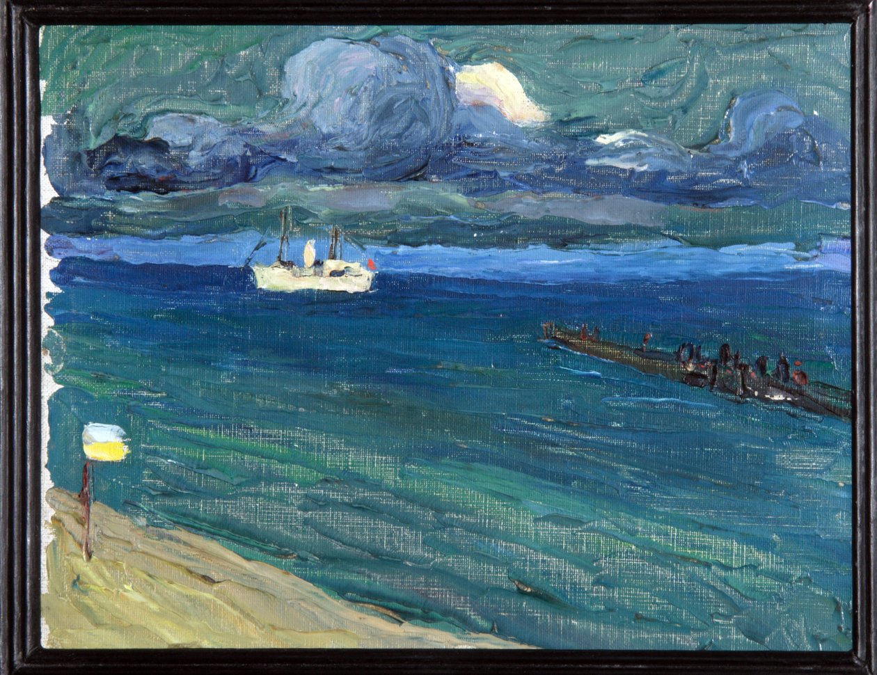 رابالو (ايطاليا). المناظر الطبيعية مع باخرة. (Rapallo. المناظر الطبيعية مع باخرة). رسم فاسيلي كاندينسكي (أو فاسيلي كاندينسكي أو كاندينسكي بواسطة فاسيلي كاندينسكي