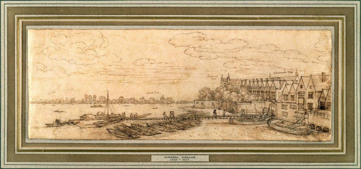 نهر التايمز أسفل رصيف ويستمنستر ، c.1638 (قلم وحبر بني على ورق) بواسطة وينسلوس هولار