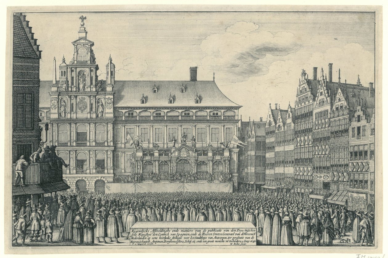 إعلان سلام مونستر في أنتويرب ، 1648 Eygentlycke Pictorial طريقة نشر den Peys ، بين syne Mayesteyt den Coninck van Spagnien ، و Heeren States Generael van de Vereenich [de] Nederlanden in a lordlyc بواسطة وينسلوس هولار