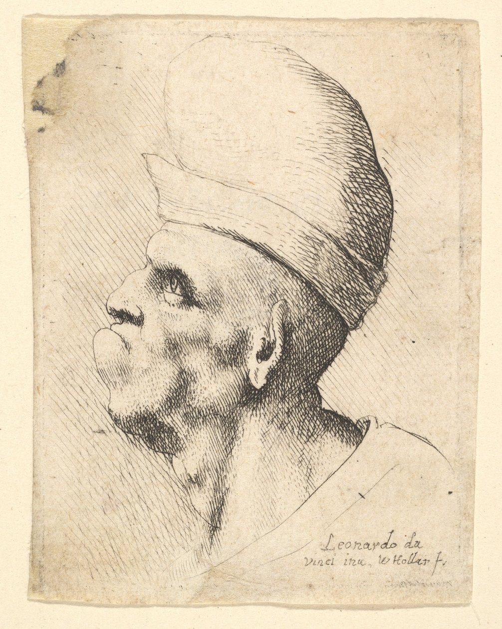 تمثال نصفي لرجل مشوه يرتدي قبعة بصليّة الشكل على اليسار ، 1625-1677. بواسطة وينسلوس هولار