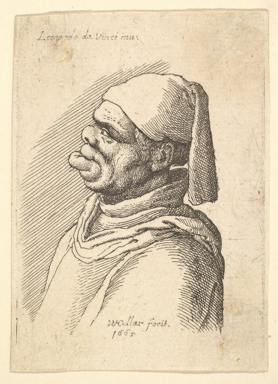 تمثال نصفي لرجل مشوه بقبعة وشفة سفلية بارزة في الجانب إلى اليسار ، 1625-1677. بواسطة وينسلوس هولار
