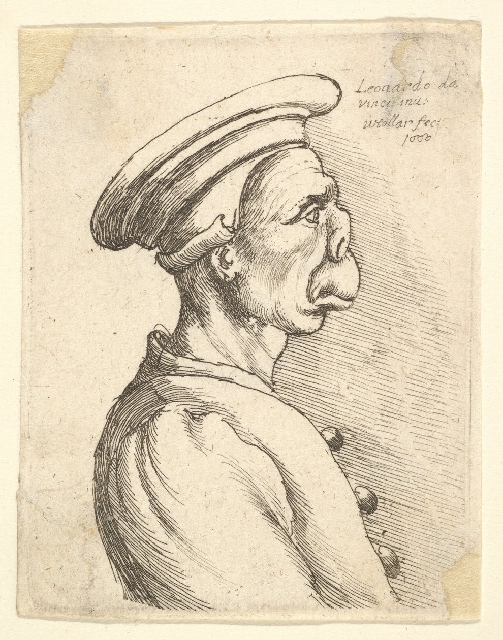 تمثال نصفي لرجل ذو أنف مسطح وفم بارز ، يرتدي قبعة مسطحة ومعطف بأزرار في ... ، 1660. بواسطة وينسلوس هولار