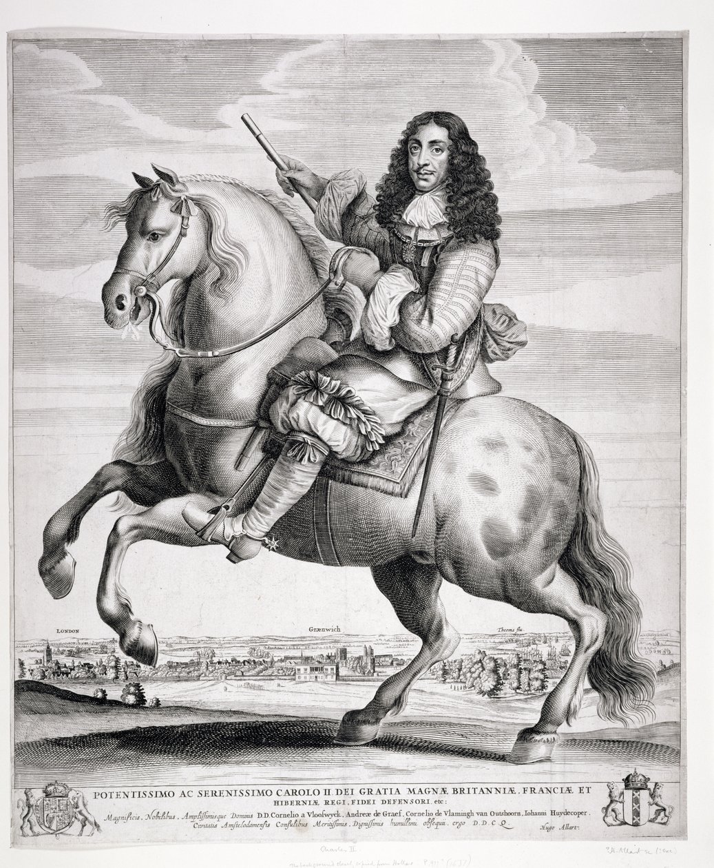 صورة الفروسية لتشارلز الثاني (1630-1685) مع منظر طبيعي ، تم نشرها عام 1670 بواسطة وينسلوس هولار