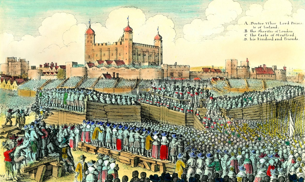 الثورة الإنجليزية الأولى (1641-1649): إعدام السياسي الإنجليزي توماس وينتورث دي سترافورد (1593-1641) في 12/05/1641 في تاور هيل في لندن. نقش Wenceslaus Hollar (1607-1677) مجموعة خاصة من القرن السابع عشر بواسطة وينسلوس هولار