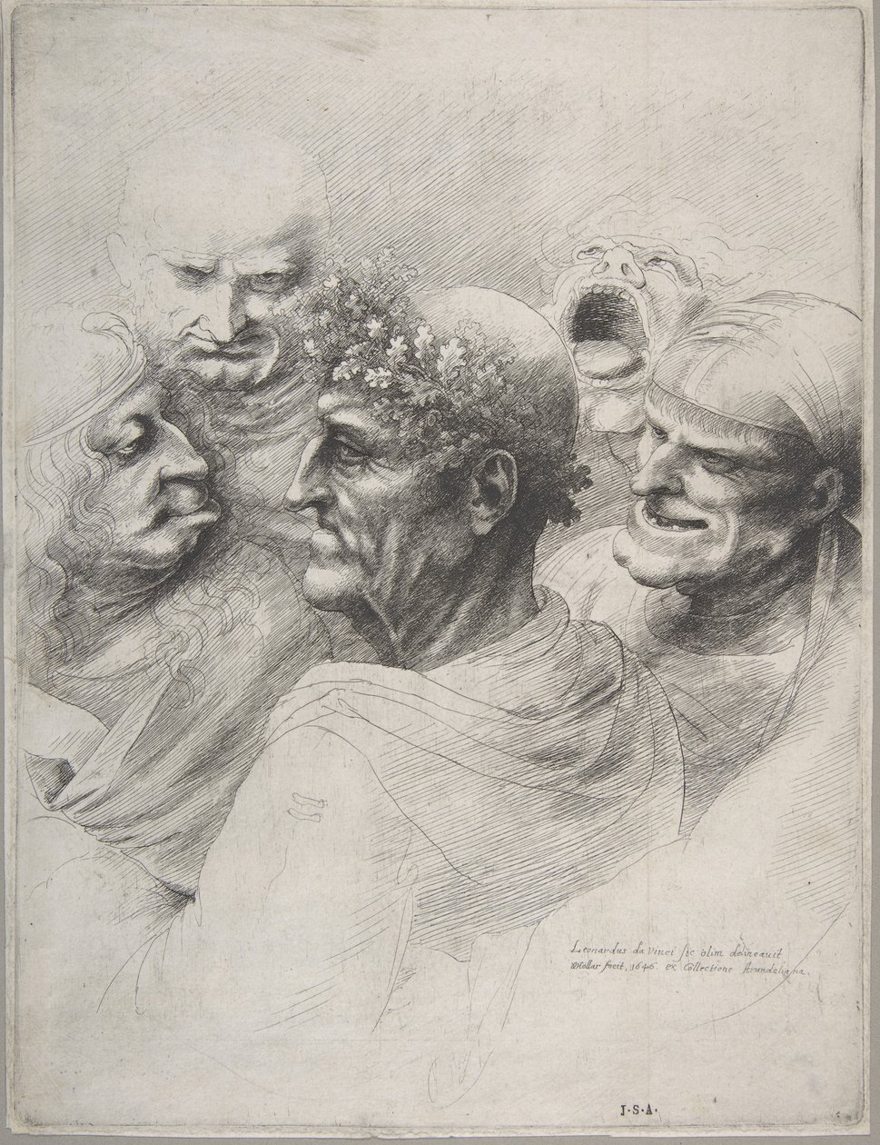 خمسة رؤوس بشعة ، بما في ذلك رجل مسن مع إكليل من أوراق البلوط ، 1646. ، 1646. بواسطة وينسلوس هولار