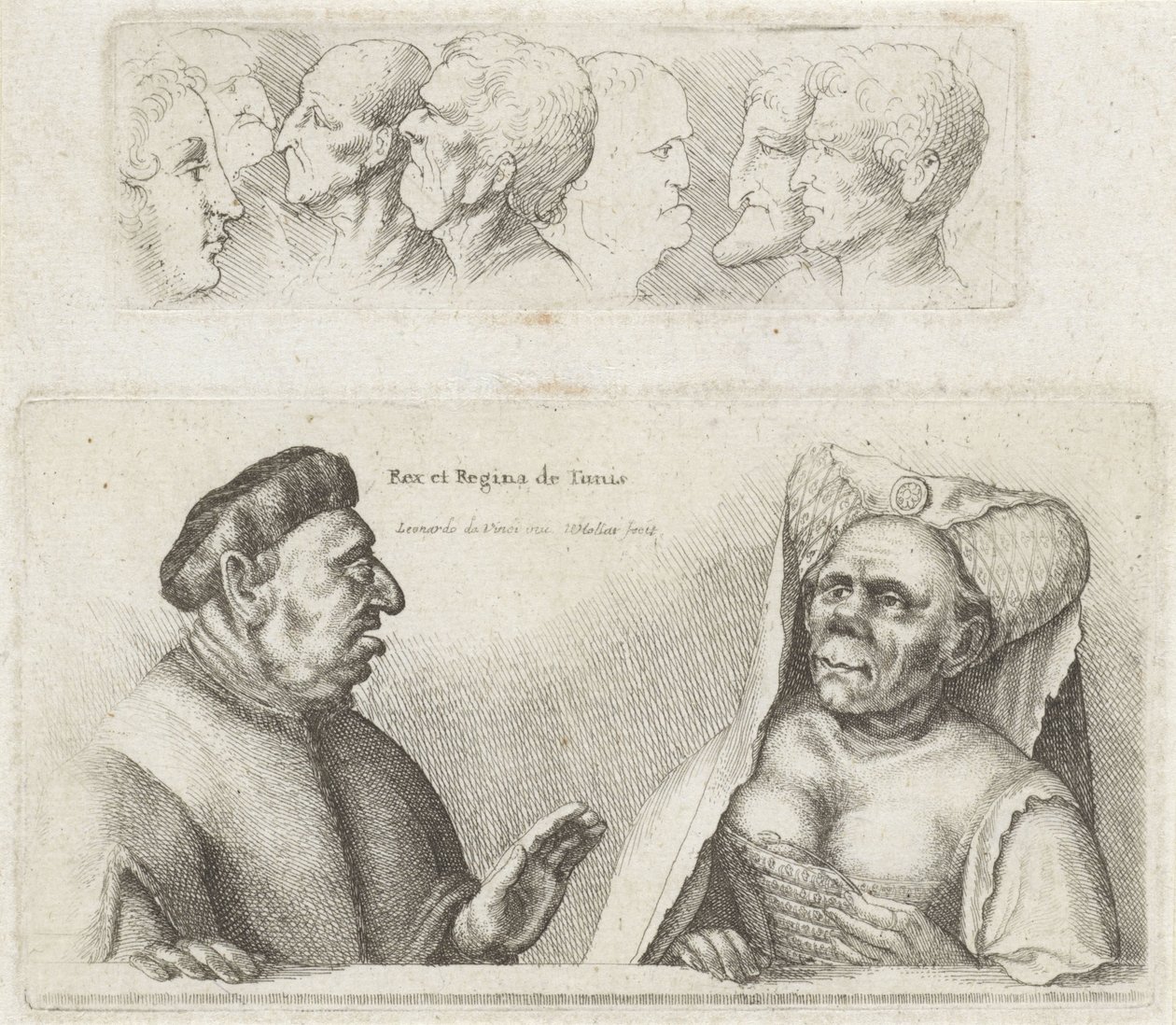 إفريز مع رؤساء الدراسة / رسوم كاريكاتورية لملك وملكة تونس Rex et Regina de Tunis (العنوان على الكائن) Varie figurae et probae (عنوان المسلسل) رسوم كاريكاتورية ورؤوس وتشوهات بعد ليوناردو دافنشي (عنوان المسلسل) بواسطة وينسلوس هولار