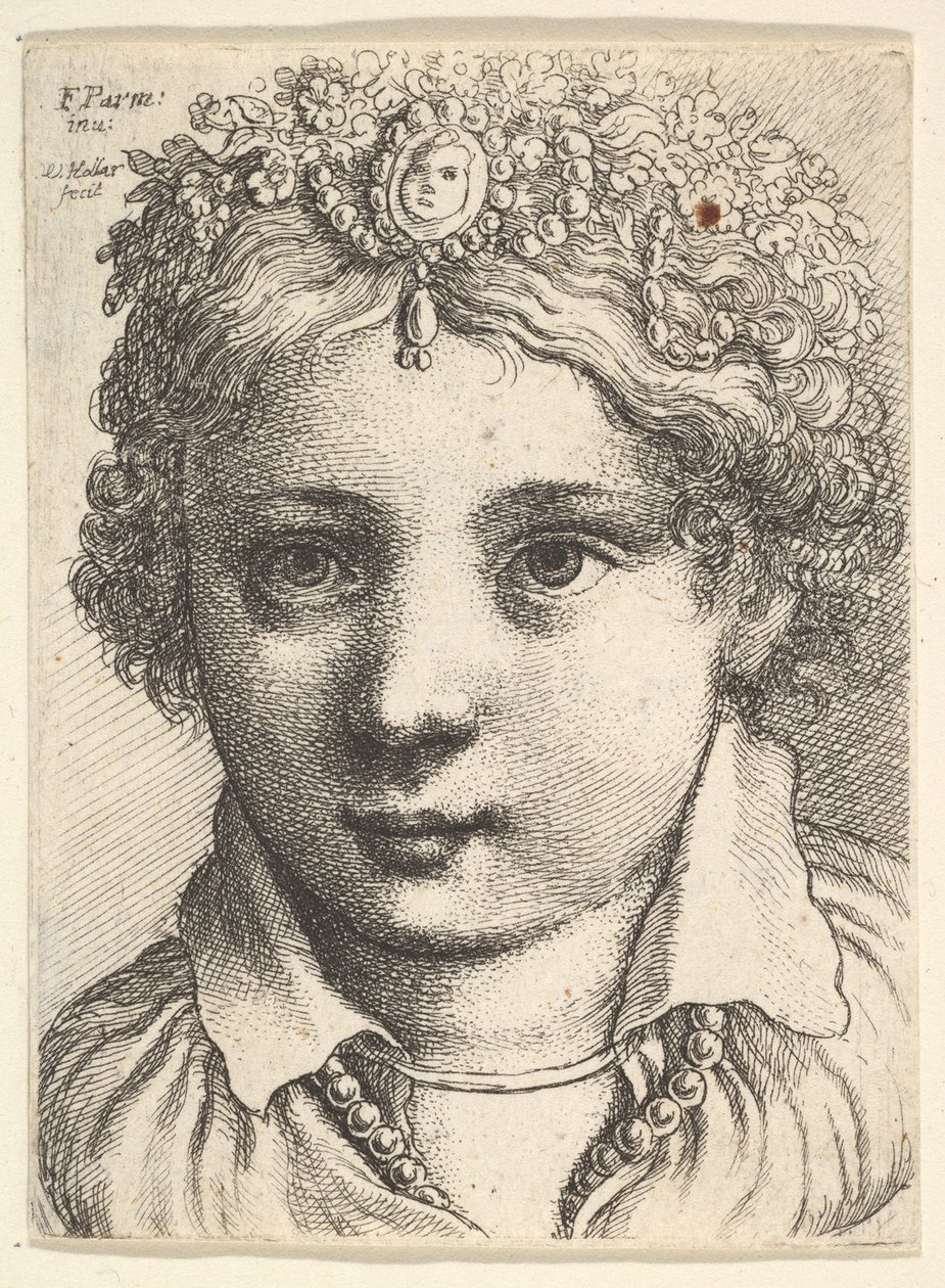 رأس فتاة صغيرة ترتدي غطاء رأس مرصع بالجواهر ، كاليفورنيا. 1645. بواسطة وينسلوس هولار