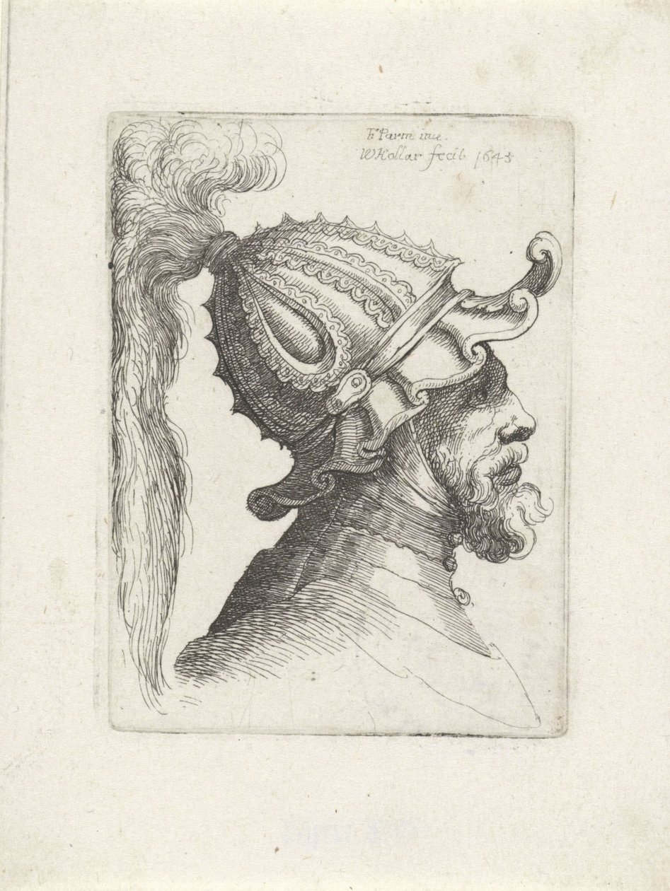 رأس رجل يرتدي خوذة برقوق رؤساء مع خوذات بعد Parmigianino (عنوان المسلسل) بواسطة وينسلوس هولار