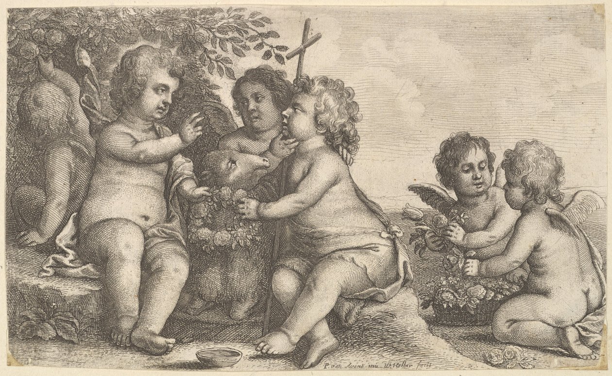 يسوع ، القديس يوحنا المعمدان وأربعة كروب ، 1625-1677. بواسطة وينسلوس هولار
