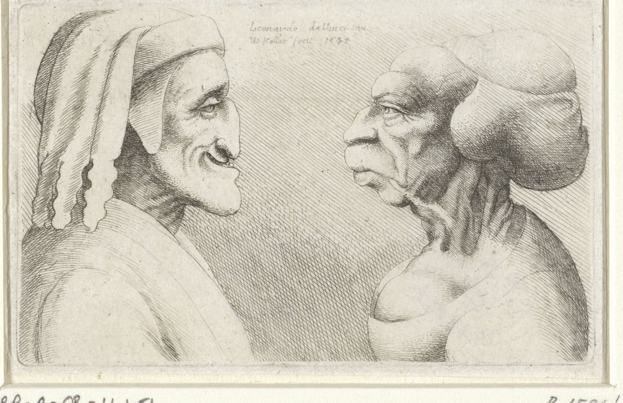 رأس كاريكاتير مشوه لرجل بقبعة (دانتي؟) وامرأة Varie figurae et probae (عنوان المسلسل) رسوم كاريكاتورية ورؤوس وتشوهات بعد ليوناردو دافنشي (عنوان المسلسل) بواسطة وينسلوس هولار
