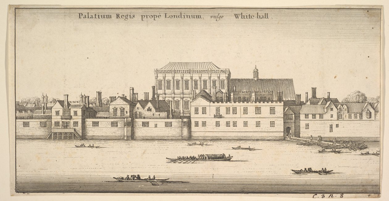 قصر بالقرب من لندن ، بوجه عام القصر الملكي في وايتهول ، وايتهول ، لندن ، كاليفورنيا. 1647. بواسطة وينسلوس هولار
