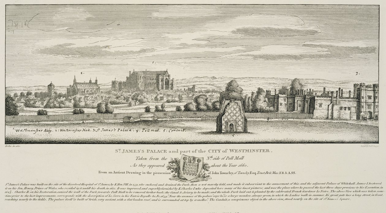 قصر سانت جيمس وجزء من مدينة ويستمنستر من الجانب الشمالي من بال مول في عام 1660 ، نقشها ريتشارد سوير ، نُشر عام 1809 بواسطة وينسلوس هولار