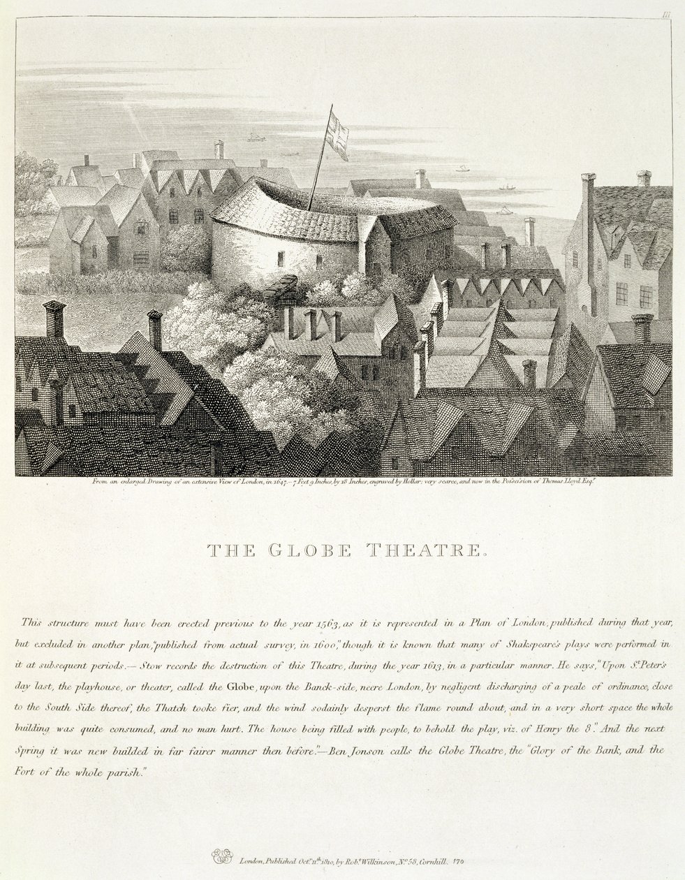 The Globe Theatre ، c.1647 ، نشره روبرت ويلكينسون ، لندن ، 1810 بواسطة وينسلوس هولار