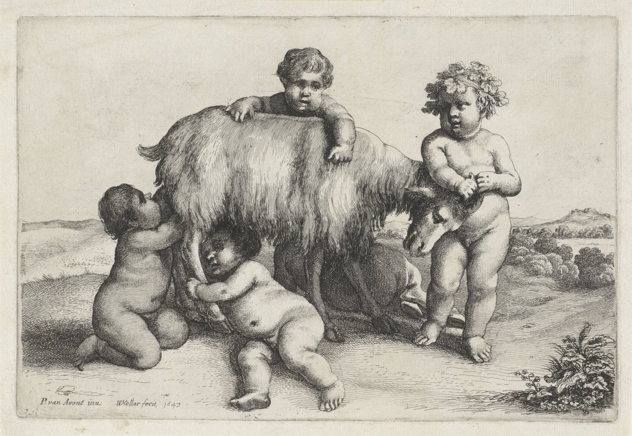 أربعة أولاد ، ساتير وماعز يقفون إلى اليمين Putti and Satyrs (عنوان المسلسل) بواسطة وينسلوس هولار