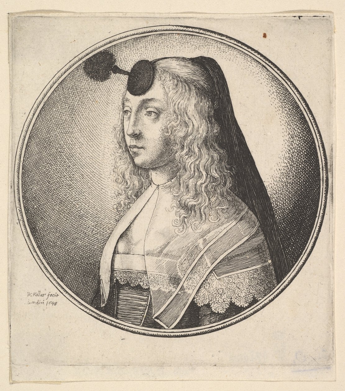 امرأة مع houpette على الجبين تحولت إلى اليسار ، 1643. بواسطة وينسلوس هولار