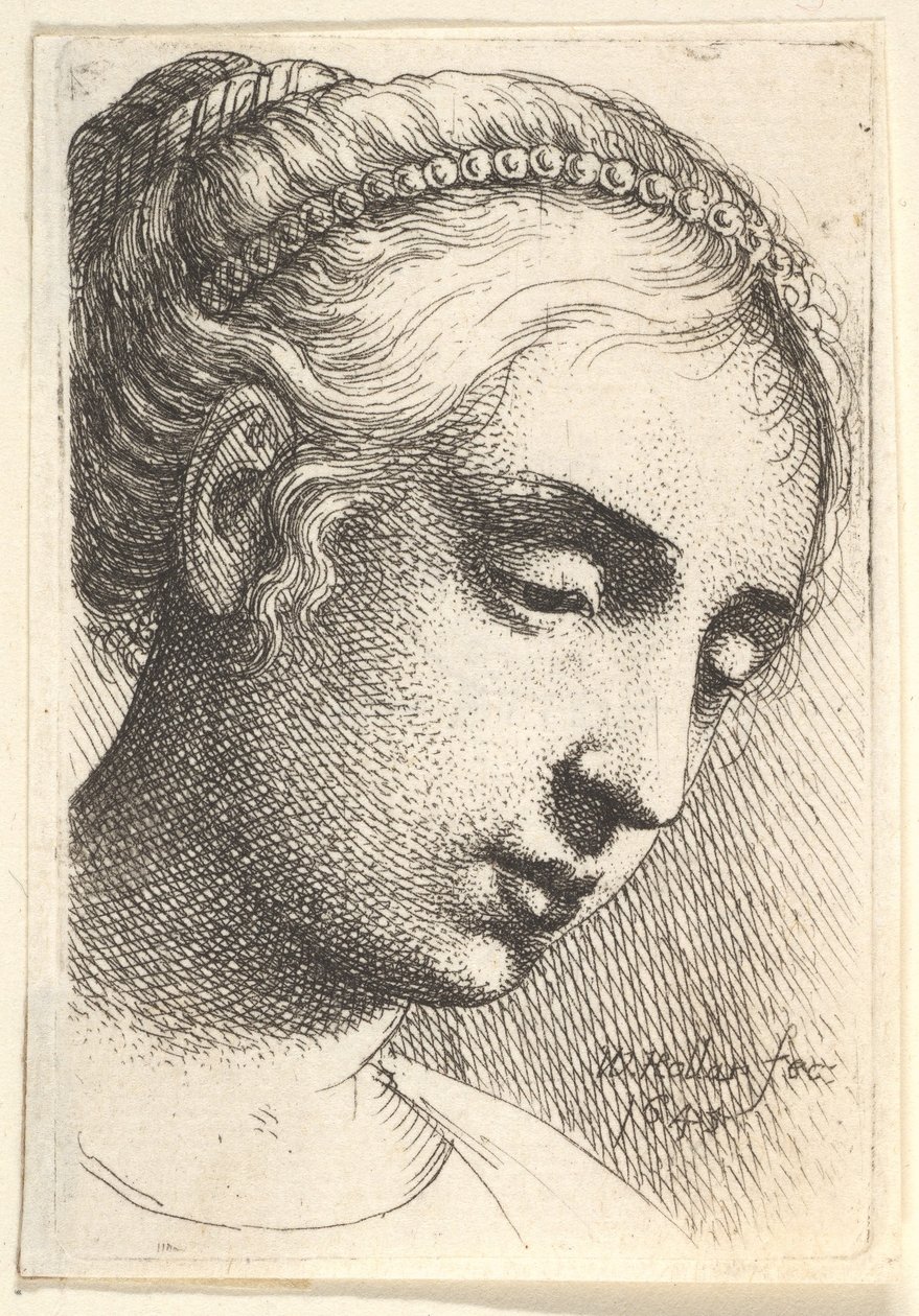 امرأة بسلسلة من اللؤلؤ في شعرها تنظر لأسفل إلى اليمين ، 1645. بواسطة وينسلوس هولار
