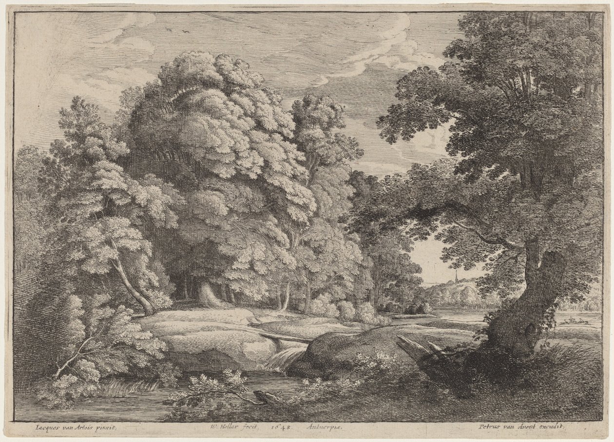 الجسر فوق الشلال بواسطة Wenceslaus Hollar بعد Jacques d'Artois