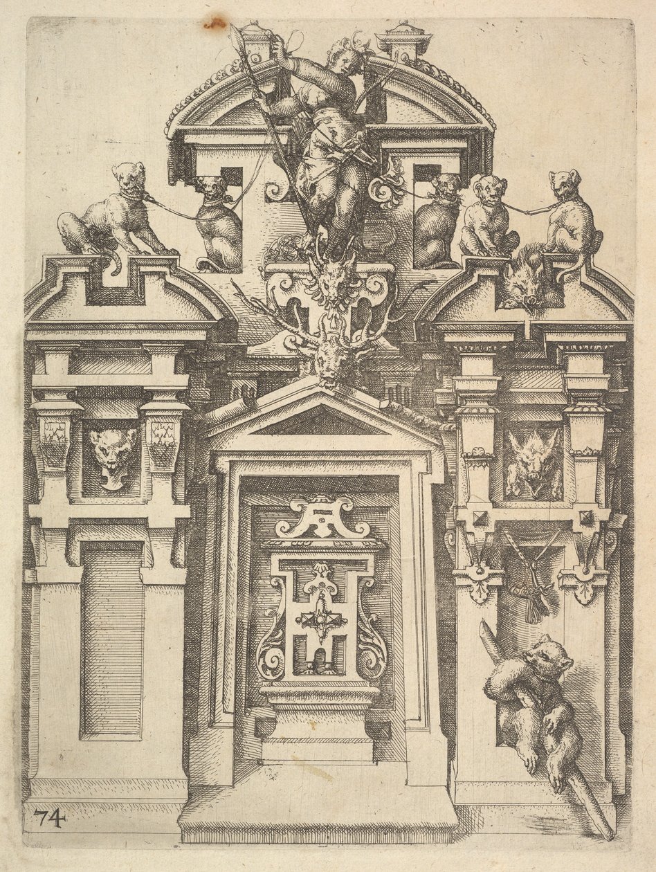 تصميم لهيكل معماري مع موضوع الصيد ، لوحة 74 من ديترلينز Ar ... ، 1598. بواسطة Wendel Dietterlin الأكبر