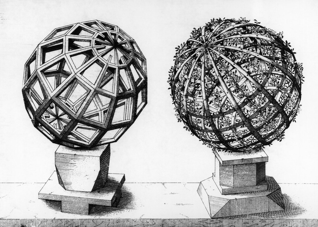 رسم منظوري ، مجالان ، نقش من Perspectiva Corporum Regularium ، بواسطة Wentzel Jamnitzer (1508-1585) ، نورمبرغ بواسطة Wenceslaus I Jamnitzer