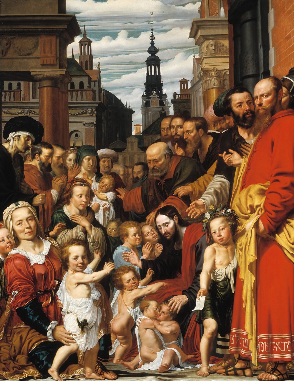 "" دع الأطفال الصغار يأتون إلي "" يسوع يرحب بالأطفال - رسم لفيرنر جاكوبس فان دن فالكيرت (حوالي 1585-حوالي 1635) 1620 متحف كاتاريجنيكونفينت ، أوتريخت ، ألمانيا بواسطة Werner Jacobsz van den Valckert