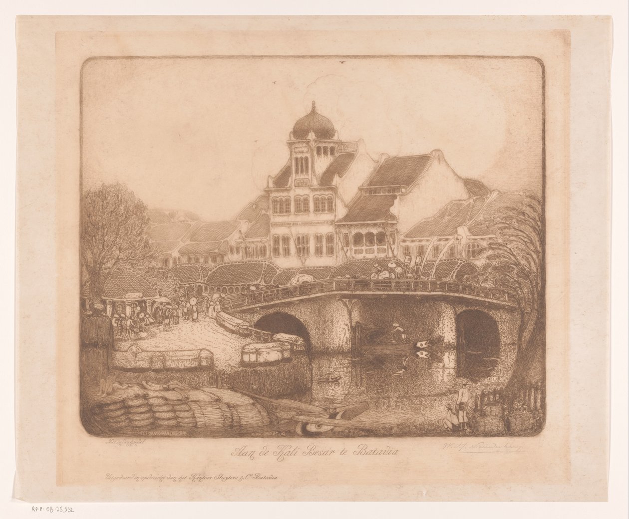 Aan de Kali Besar te Batavia (العنوان الأصلي على الكائن) بواسطة Wijnand Otto Jan Nieuwenkamp (توقيع الفنان)