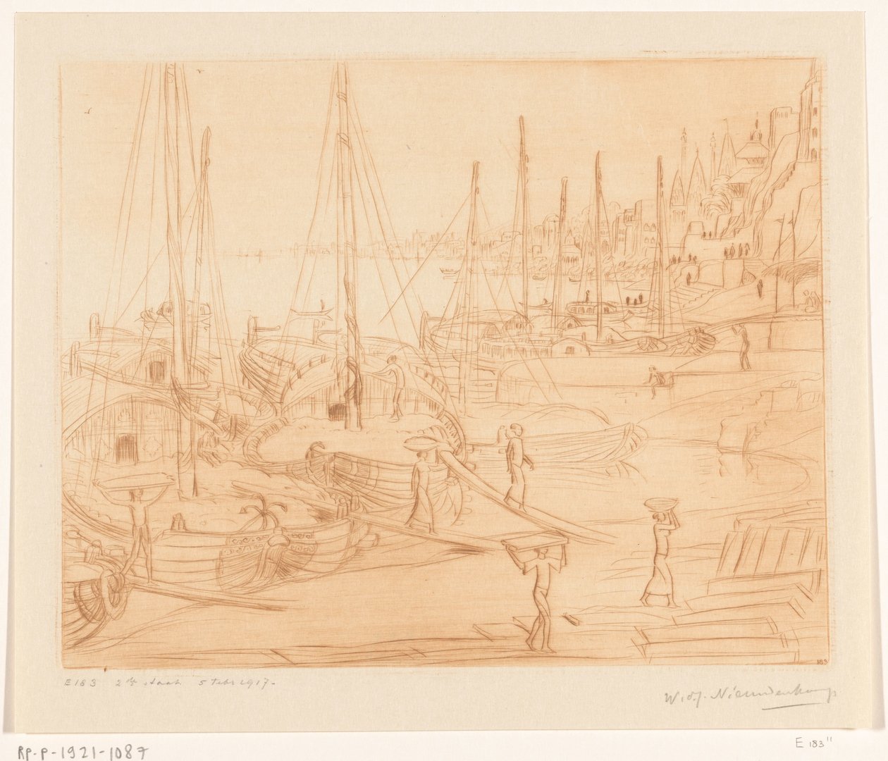 السفن الراسية على ضفة نهر الغانج في بيناريس تفريغ السفن 2 (العنوان الأصلي) بواسطة Wijnand Otto Jan Nieuwenkamp (توقيع الفنان)