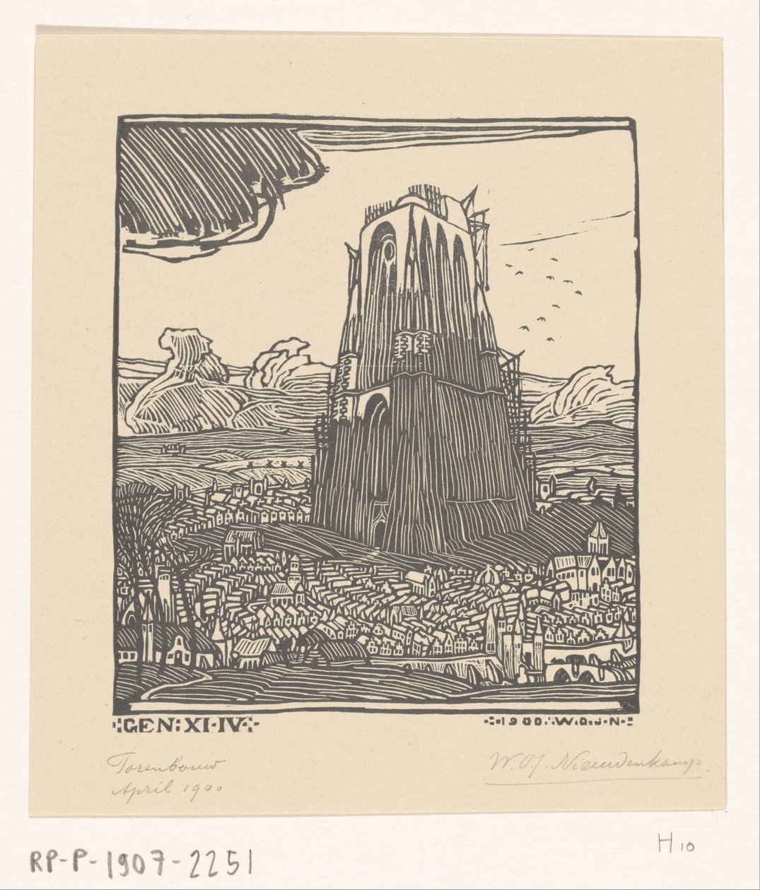 بناء برج بابل بناء البرج (العنوان الأصلي) بواسطة Wijnand Otto Jan Nieuwenkamp (توقيع الفنان)