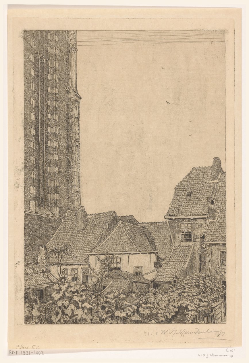 منازل بالقرب من Onze-Lieve-Vrouwetoren في أمرسفورت عند سفح البرج (العنوان الأصلي) بواسطة Wijnand Otto Jan Nieuwenkamp (توقيع الفنان)