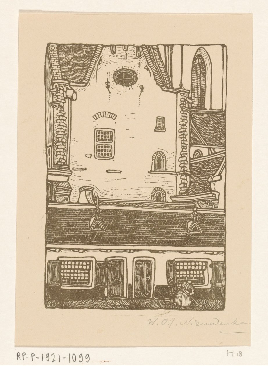 منازل ضد Sint-Bavokerk في Oude Groenmarkt في هارلم سانت بافو ، هارلم (العنوان الأصلي) بواسطة Wijnand Otto Jan Nieuwenkamp (توقيع الفنان)