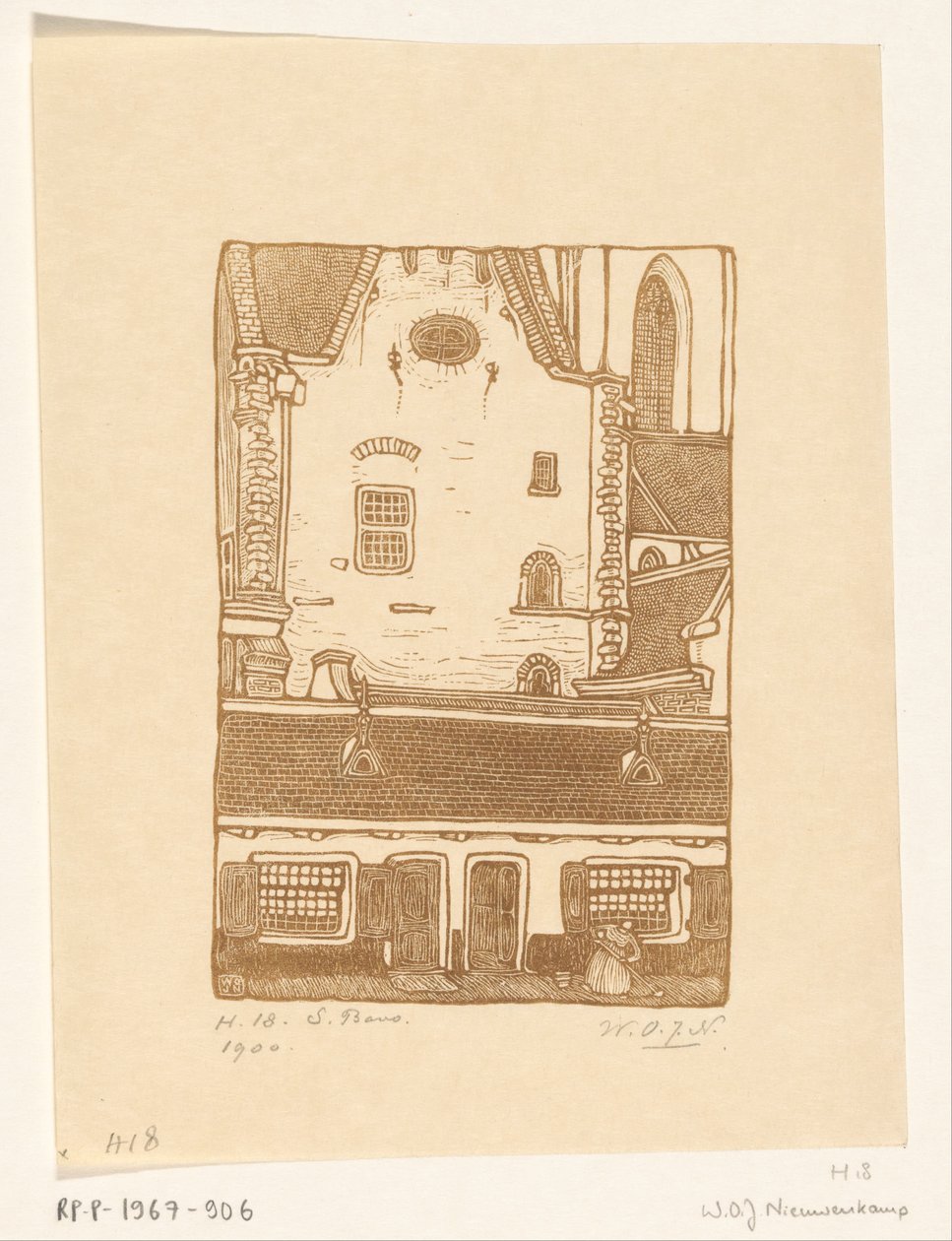 منازل ضد Sint-Bavokerk في Oude Groenmarkt في هارلم سانت بافو ، هارلم (العنوان الأصلي) بواسطة Wijnand Otto Jan Nieuwenkamp (توقيع الفنان)