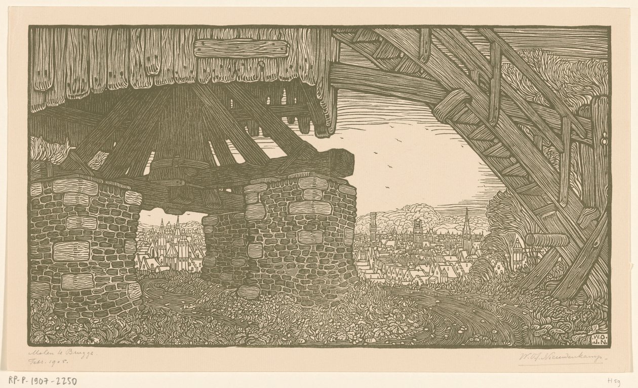 الجزء السفلي من مطحنة الذرة في مطحنة بروج في بروج (العنوان الأصلي) بواسطة Wijnand Otto Jan Nieuwenkamp (توقيع الفنان)