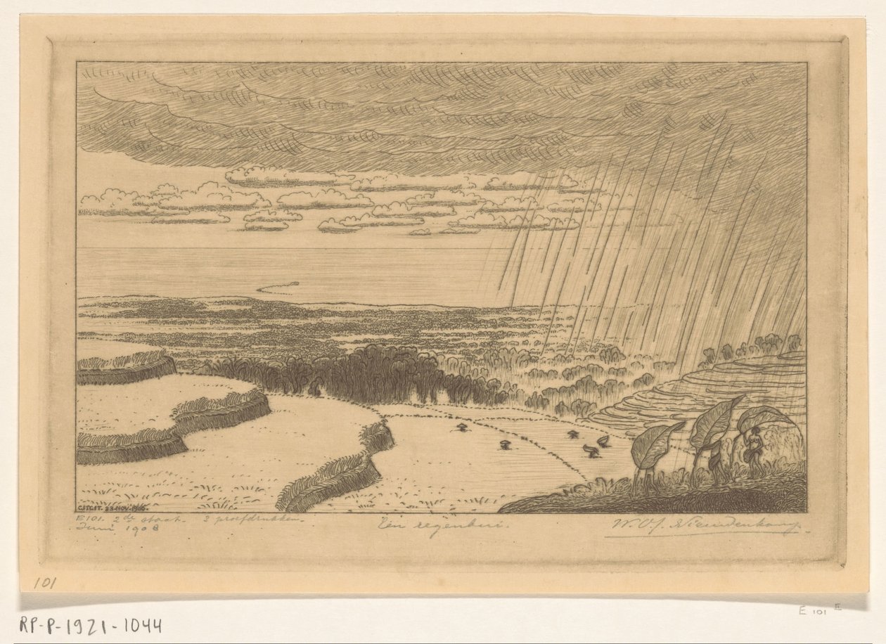 أمطار غزيرة فوق حقول الأرز في جيتجيت في بالي عاصفة ممطرة (العنوان الأصلي) بواسطة Wijnand Otto Jan Nieuwenkamp (توقيع الفنان)