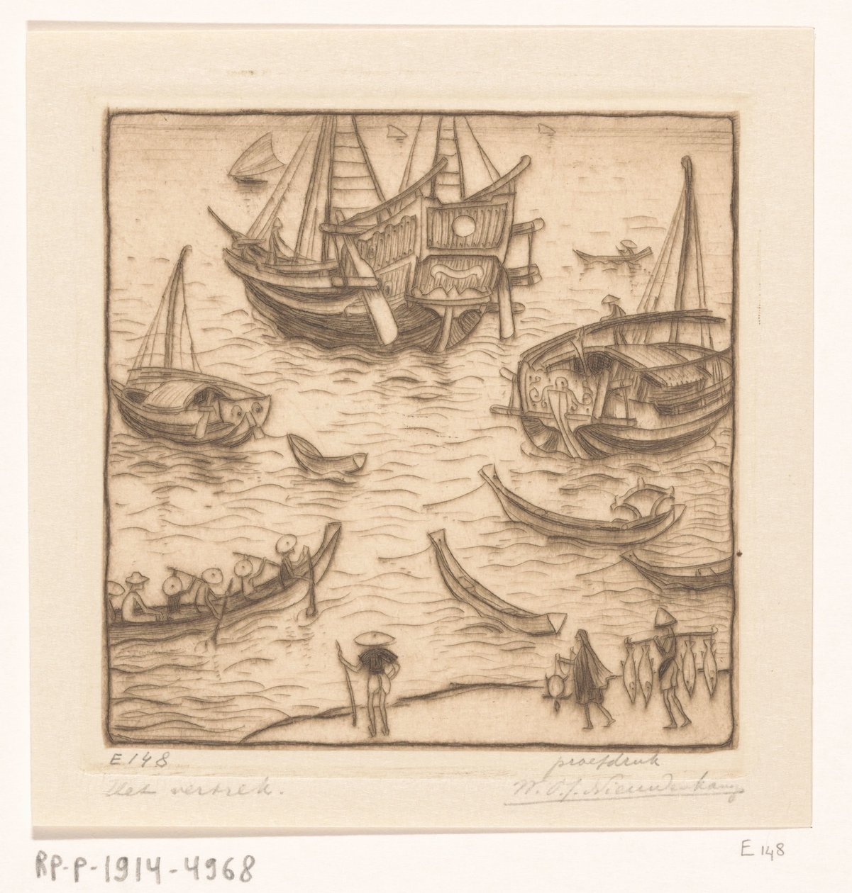 سفن في خليج على الساحل الشرقي من لومبوك المغادرة ، لومبوك (العنوان الأصلي) بواسطة Wijnand Otto Jan Nieuwenkamp (توقيع الفنان)