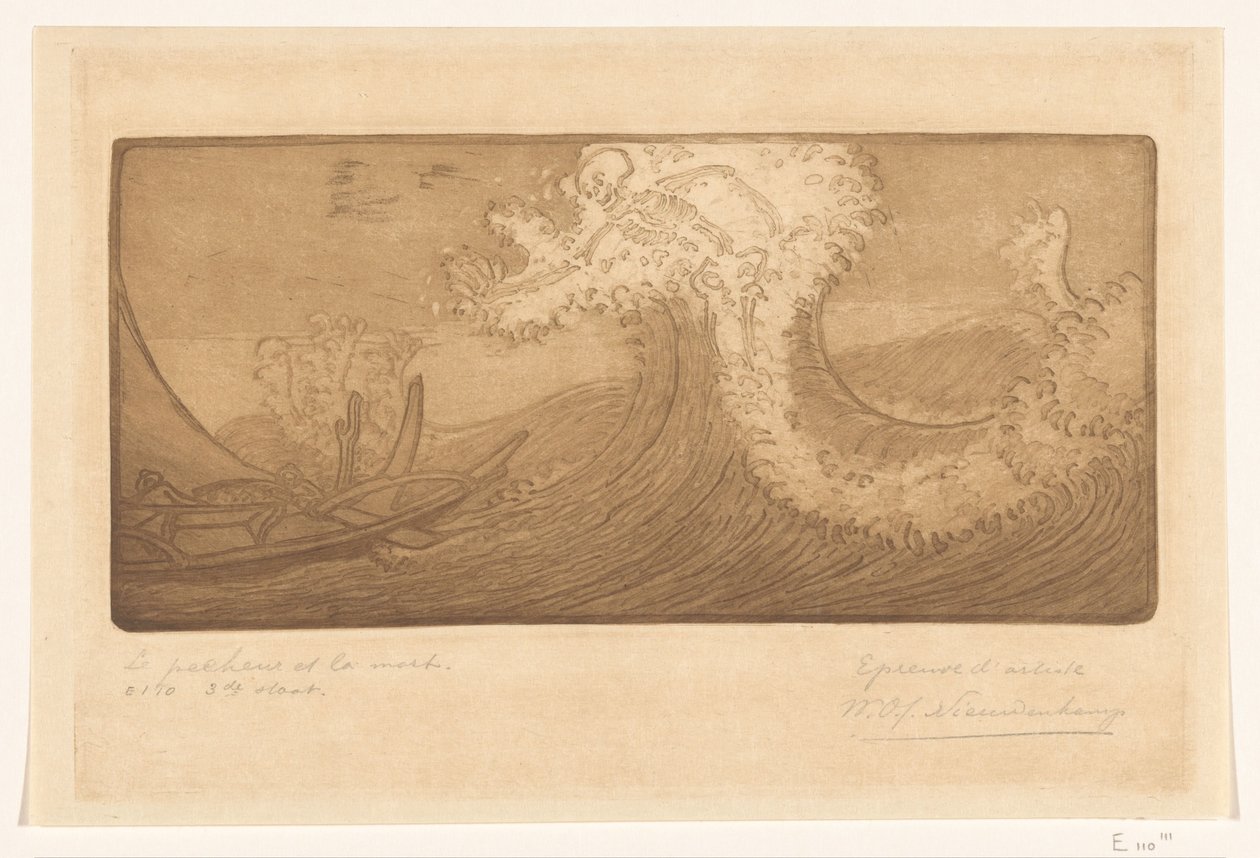 الصيادون في البحر والموت المسافر والموت (العنوان الأصلي) Le Pêcheur et la Mort (العنوان على الكائن) بواسطة Wijnand Otto Jan Nieuwenkamp (توقيع الفنان)