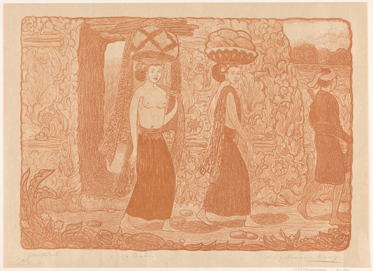 نساء يحملن أشياء على رؤوسهن في معبد في بالي في معبد ، بالي (العنوان الأصلي) في بالي (العنوان على الكائن) بواسطة Wijnand Otto Jan Nieuwenkamp (توقيع الفنان)