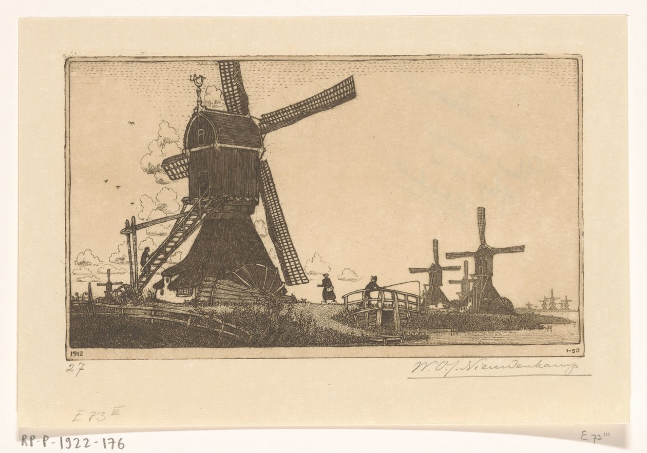 طواحين المسح على Vlist بين Haastrecht و Schoonhoven طواحين مائية بالقرب من جودة (العنوان الأصلي) بواسطة Wijnand Otto Jan Nieuwenkamp (توقيع الفنان)