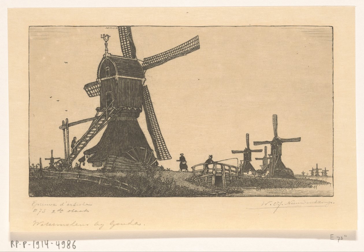طواحين المسح على Vlist بين Haastrecht و Schoonhoven طواحين مائية بالقرب من جودة (العنوان الأصلي) بواسطة Wijnand Otto Jan Nieuwenkamp (توقيع الفنان)