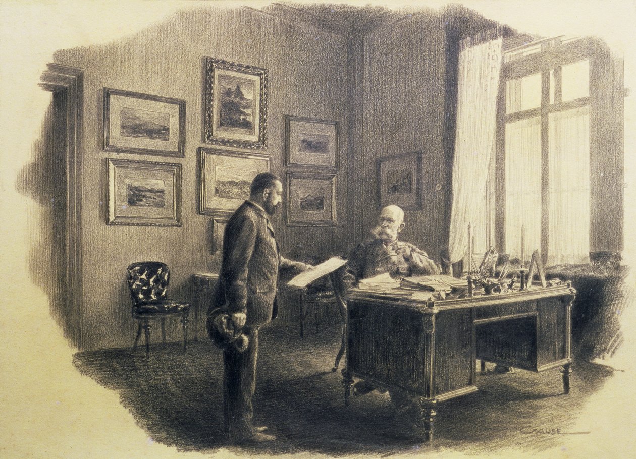 الإمبراطور فرانز جوزيف الأول من النمسا (1830-1916) في مكتبه للكتابة في Jagdrock (قلم رصاص) بواسطة فيلهلم جوز