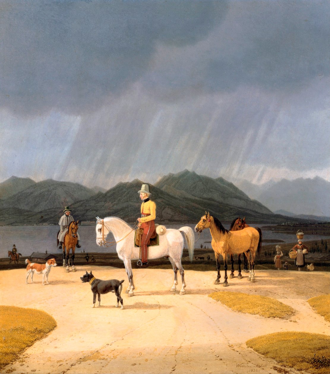 ""Cavaliers sur le lac Tegern Allemagne"" (Riders at the Tegernsee) Peinture de Wilhelm Ritter von Kobell (1766-1853) 1832 Oil on wood Dim 282x263 cm Staatliche Museen, Berlin بواسطة فيلهلم ألكسندر كوبيل