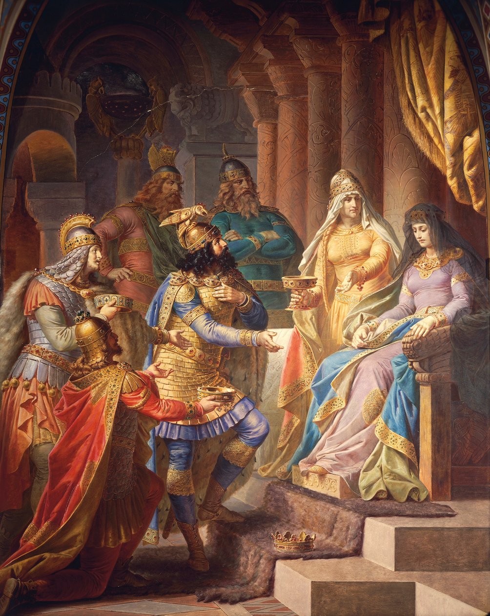 Gudrun consents to marry Attila, King of the Huns, from the Gudrun Saga, Upper Hall, c.1883-84 (mural) بواسطة فيلهلم هاوستشيلد