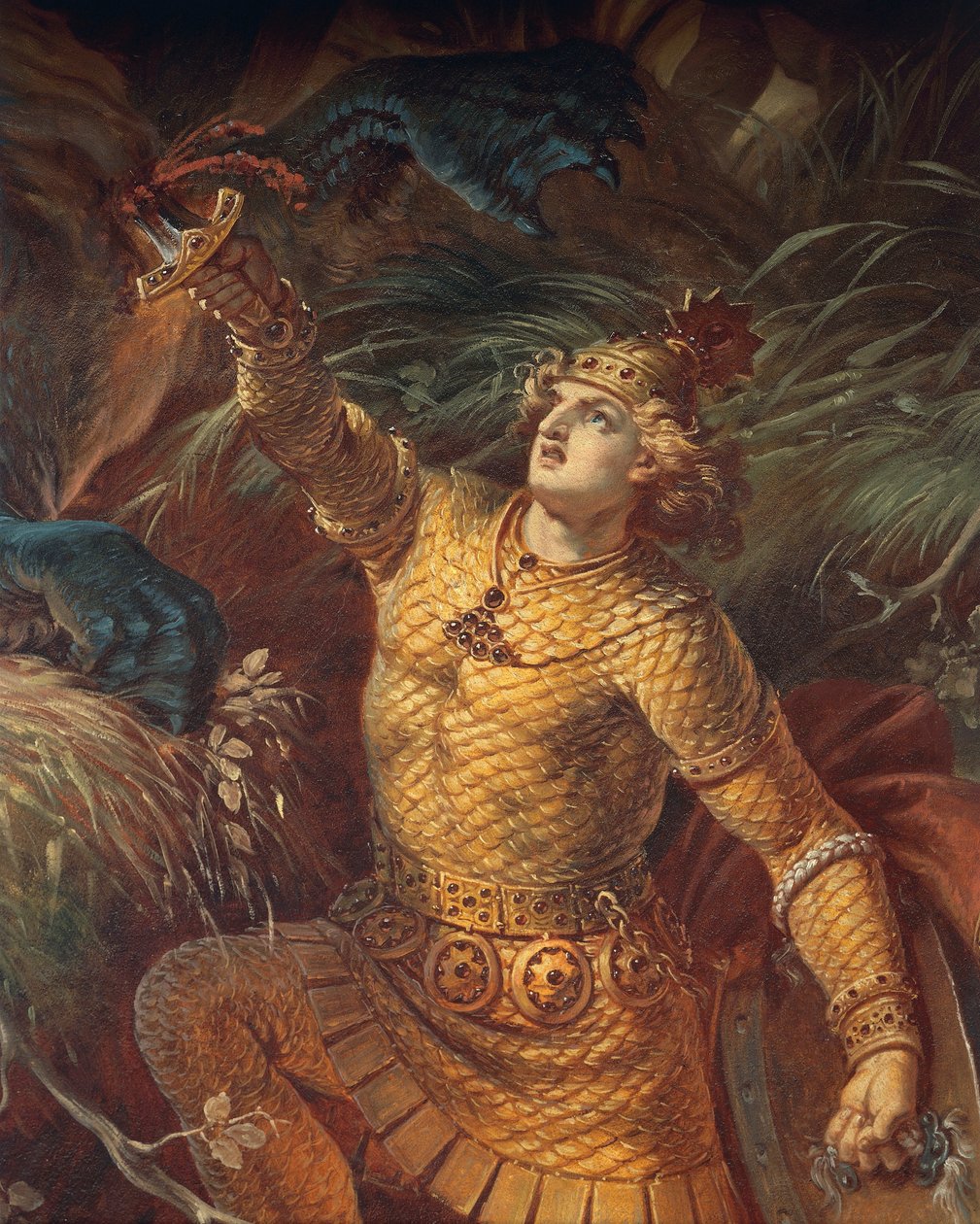 Sigurd يقتل التنين Fafuir من خلال حمل سيف الجرام ، التفاصيل ، من Sigurd Saga ، القاعة السفلى ، حوالي 1882-83 (جدارية) (انظر أيضًا 419035) بواسطة فيلهلم هاوستشيلد