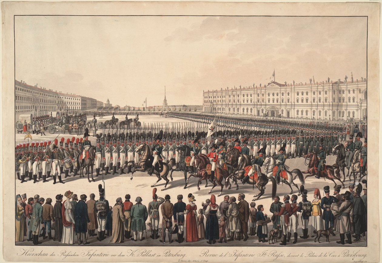استعراض للمشاة الروسية في ساحة القصر في سانت بطرسبرغ ، 1809-1813 بواسطة فيلهلم كوبيل ريتر فون