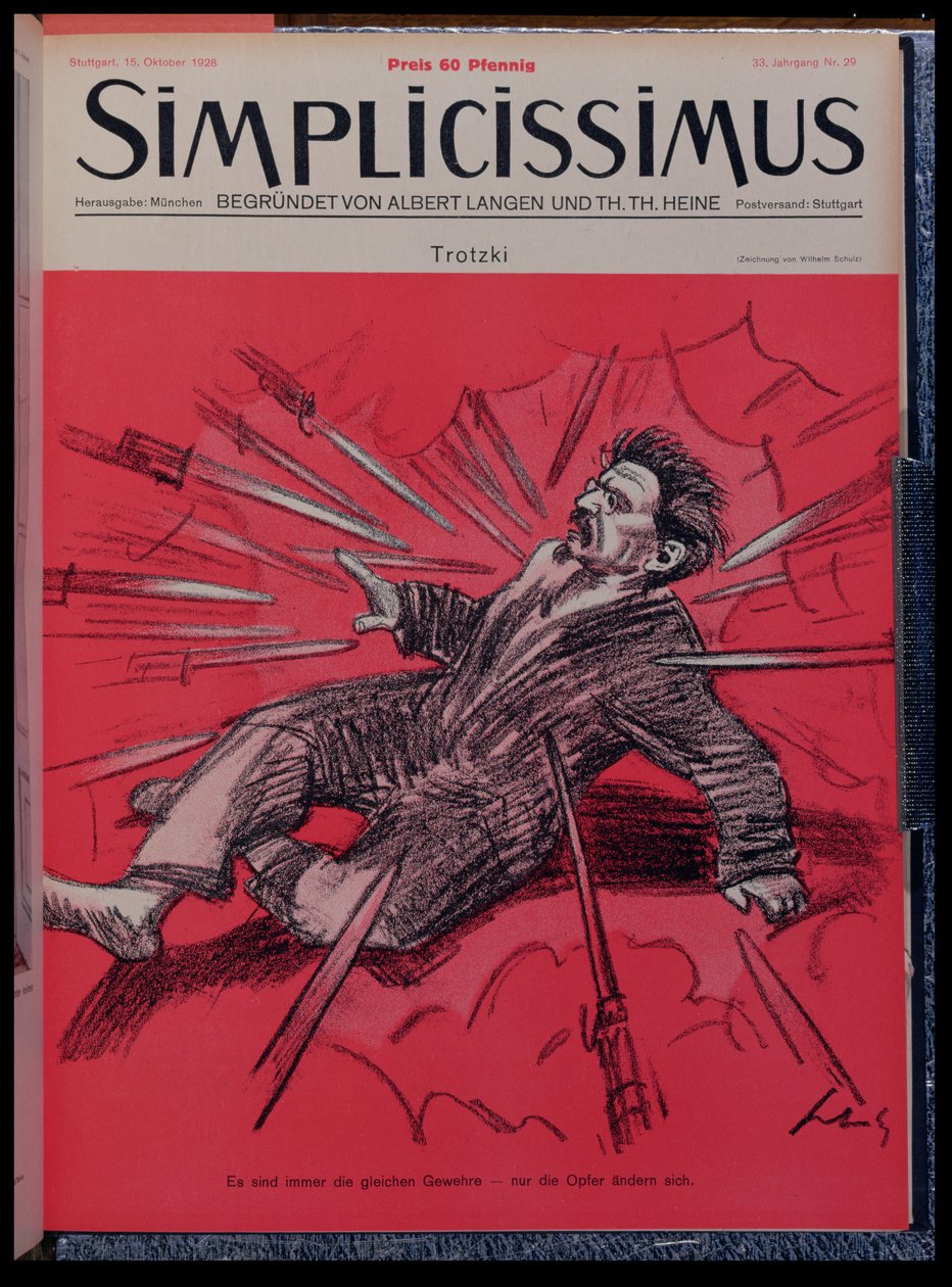 رسم كاريكاتوري ليون تروتسكي (1879-1940) يتعرض للهجوم ، من مجلة "Simplicisissimus" ، أكتوبر 1928 (لون ليثو) بواسطة وليام شولز