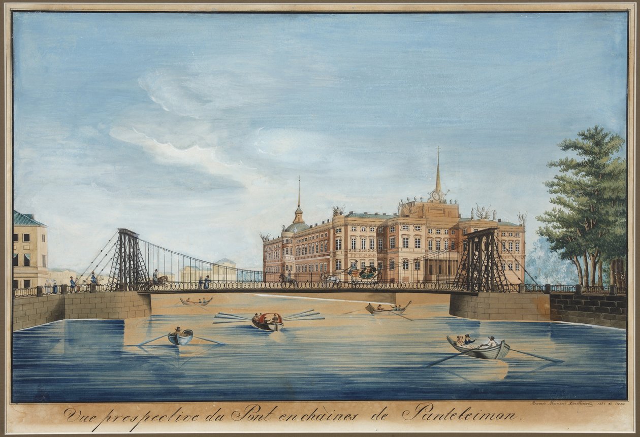 منظر لجسر سلسلة Panteleimonovsky وقلعة Mikhailovsky (قصر Saint Michel ou chateau des ingenieurs) عبر Fontanka في سانت بطرسبرغ - Wilhelm von Traitteur (1788-1859). قلم وفرشاة وألوان مائية وحبر ولون أبيض على ورق بواسطة فيلهلم فون ترايتور