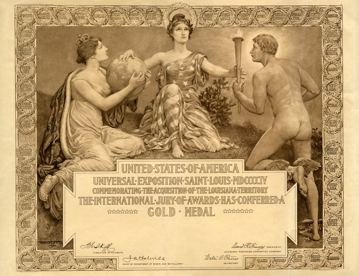معرض شراء لويزيانا فارغة شهادة الميدالية الذهبية ، 1904 بواسطة سوف H. Low