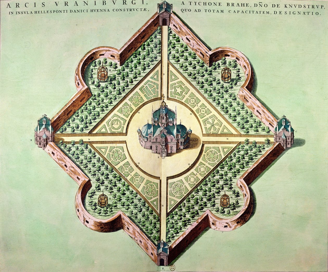 مخطط القلعة ومرصد أورانيبورج ، شيده 1584 من قبل تايكو براهي (1546-1601) في جزيرة هفن ، الدنمارك من "مسرح لو موند" أو "نوفيل أطلس" ، نُشر في أمستردام ، 1645 بواسطة جوان بلاو
