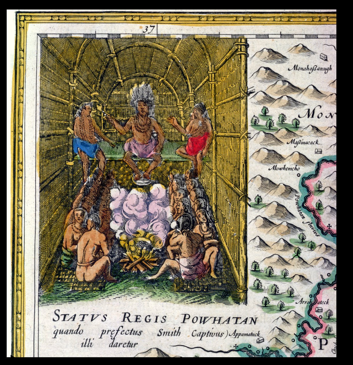 رئيس قبيلة Powhattan ، التفاصيل من &39;Nova Virginiae Tabula&39; ، محفورة بواسطة Jodocus Hondius (1563-1612) و Dirck Gryp ، 1647 بواسطة جوان بلاو