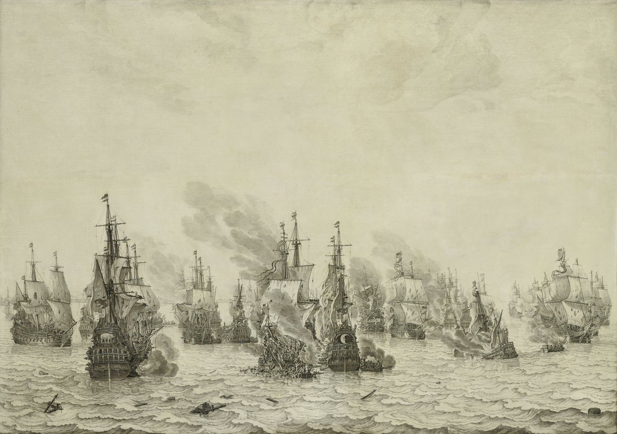 معركة ليفورنو أو ليغورن ، c.1659-99 (رسم بالقلم على اللوحة) بواسطة ويليم فان دي فيلدي الأكبر