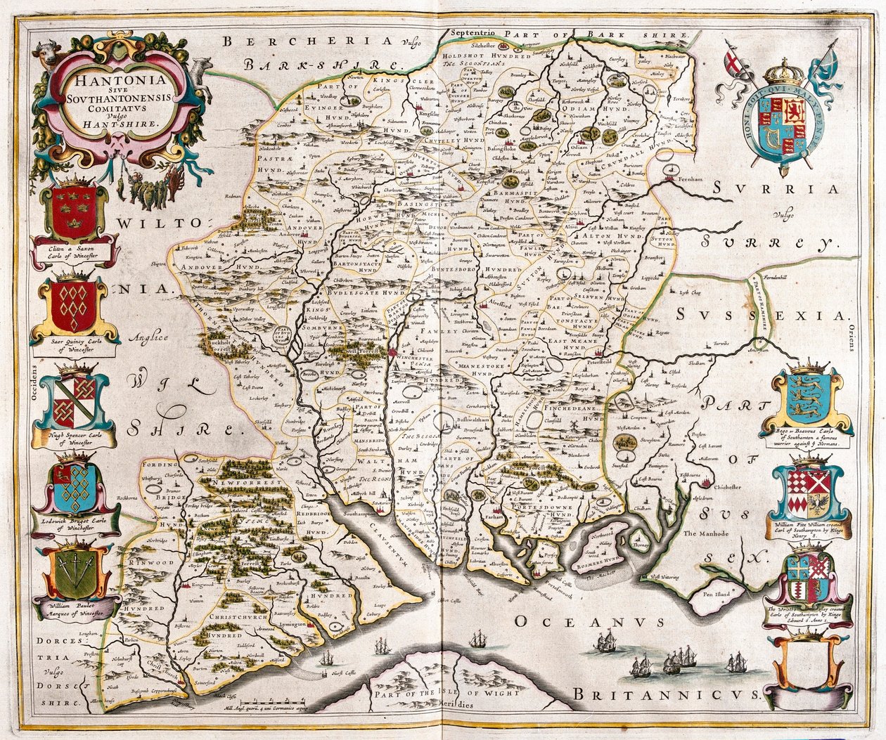 هامبشاير وساوثهامبتون، في "Theatrum Orbis Terrarum, sive Atlas Novus" لويليم بلاو، أمستردام بواسطة ويليم بلاو