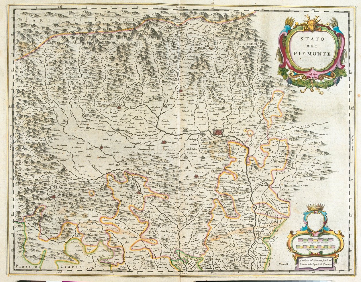 بيمونت ووادي أوستا وليغوريا، إيطاليا، في "Theatrum Orbis Terrarum, sive Atlas Novus" لويليم بلاو، أمستردام بواسطة ويليم بلاو